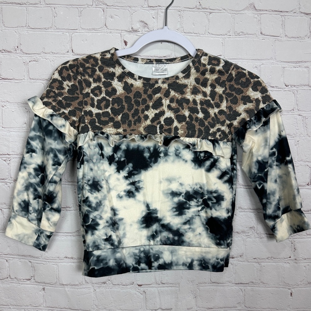 girls boutique leopard tie‎ dye long sleeve top ruffle accent, sz L